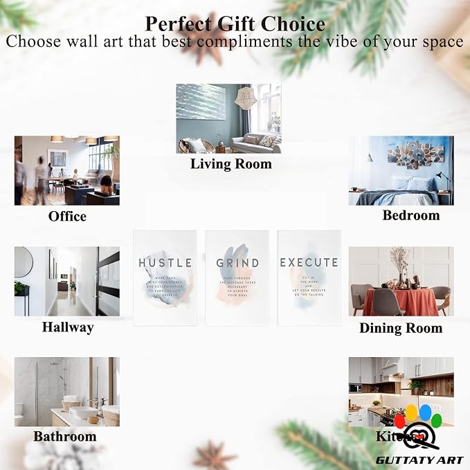Office Wall Art - 3 Panel Motivational Wall Art, Inspirational Quotes Canvas Art for Home Office Wall Decor, Positive Quotes Wall Decor, Entrepreneur Grind Hustle Execution Poster Frame (20”x30”x3Pcs)