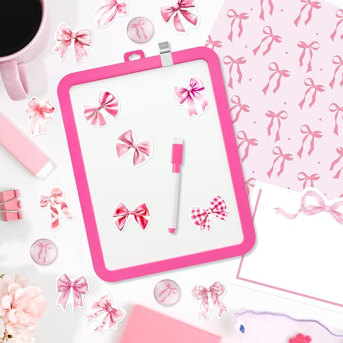 BeYumi Pink Locker Accessories Kit - Back to School Pink Bow Locker Organizer Decoration Supplies for Girls Magnetic Wallpaper Pen Holder Whiteboard Marker Mirror Magnets Rug Classroom Accessories Kit