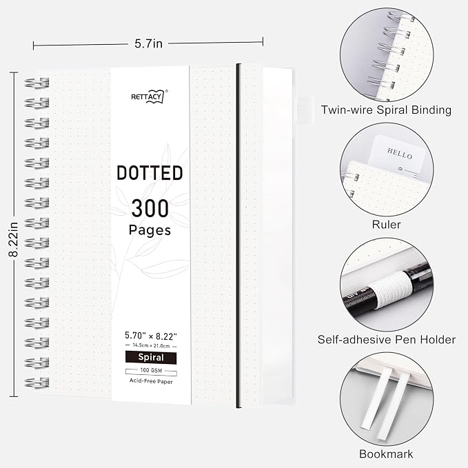 RETTACY Dotted Journal Notebook, 300 Pages, A5 Medium Size (5.7'' × 8.2''), 100 GSM Thick Paper, Flexible Plastic Cover, Spiral-bound, for Journaling, Planning, Tracking (Transparent)