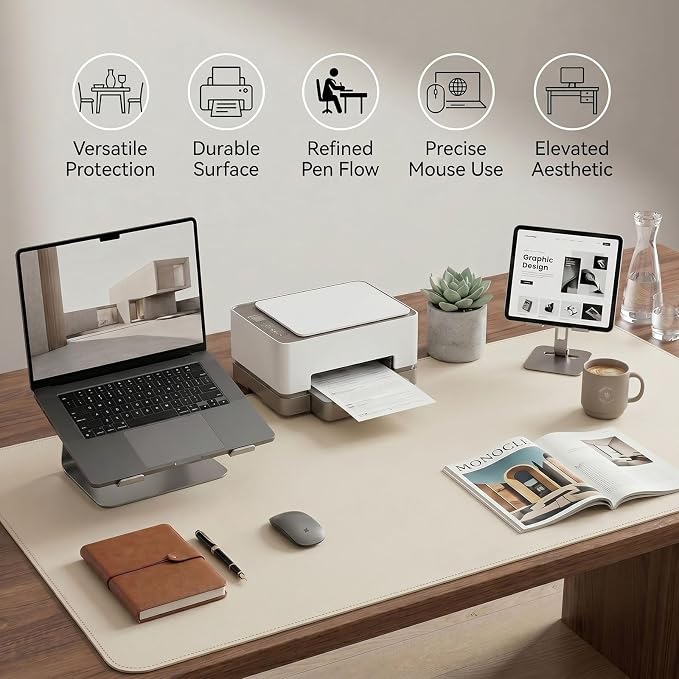 Large Desk Pad Non-Slip Desk Mat Protector for Keyboard Mouse Waterproof Vegan Leather Surface Faux Leather Laptop Mat Smooth Mouse Pad Premium Gift Tube Creamy White 55" x 23"
