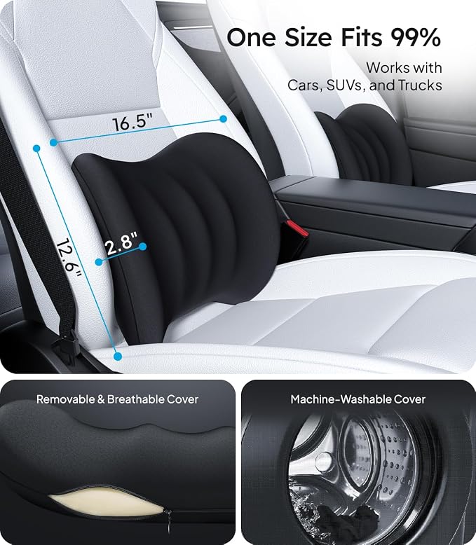 Wigoo Lumbar Support Pillow for Car-Office Chair, Black 2-Pack | Memory Foam| Ergonomic| Universal Fit