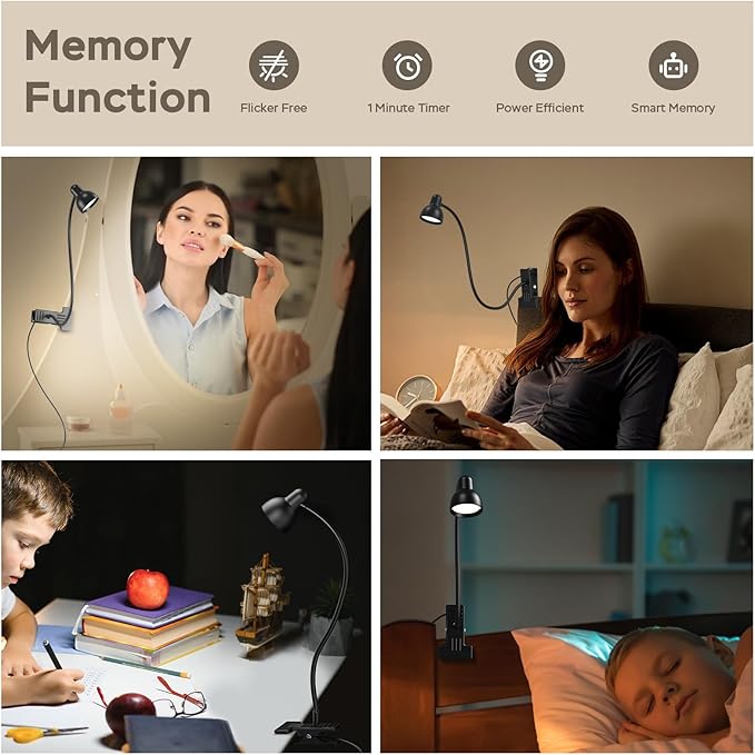 LiFMIRA Clip-on Reading Light - 3 Color Modes, 10 Dimmable Brightness, Eye Care Clamp Desk Lamp with Flexible Gooseneck for Reading in Bed, Desk, Headboard, Computer