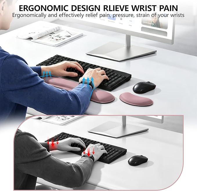 Wrist Rest for Computer Keyboard, Memory Foam Keyboard Wrists Rest, Ergonomic Design Wrist Support for Keyboard for Hand and Arm Easy Typing Pain Relief, 2 Piece Pad, Purplr Pink
