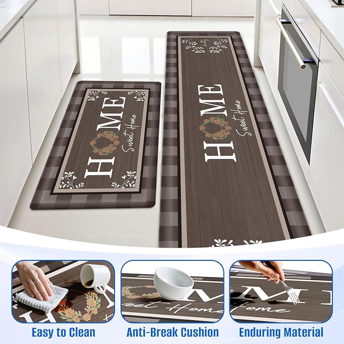 Kitchen Rugs, 2 PCS Kitchen Mats for Floor, Cushioned Non-Slip Anti Fatigue Mats for Kitchen Floor, Kitchen Runner Rugs for Standing Desk, Office, Laundry(17.3’’x 30’’+ 17.3’’x 70’’, Brown