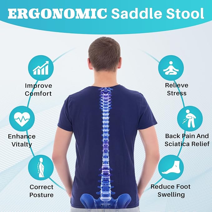 YEEZEE Saddle Stool Ergonomic, Saddle Chair with Wheels, Dark Black | Comfortable Wide Thick Saddle Seat Padding, 360°Swivel, Adjustable Height, Ring Pedal Design, for Medical Massage Salon Spa