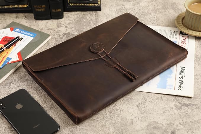 Genuine Leather Folder Portfolio, Leather File Folder Organizer，Envelope Document Holder for Men&Women, Personalized Folio Laptop Sleeve Case for 15" Laptops, Tablets