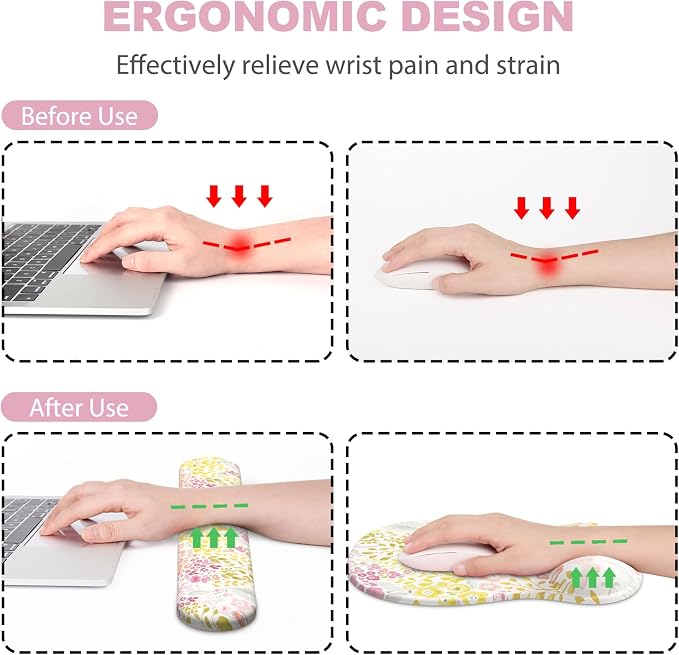 Ergonomic Mouse Pad with Wrist Rest and Keyboard Wrist Rest, Gel Mousepad and Wrist Rest for Computer Keyboard, Pain Relief, Non-Slip PU Base, Mouse Pad Wrist Support for Gaming, Pink Yellow Flowers