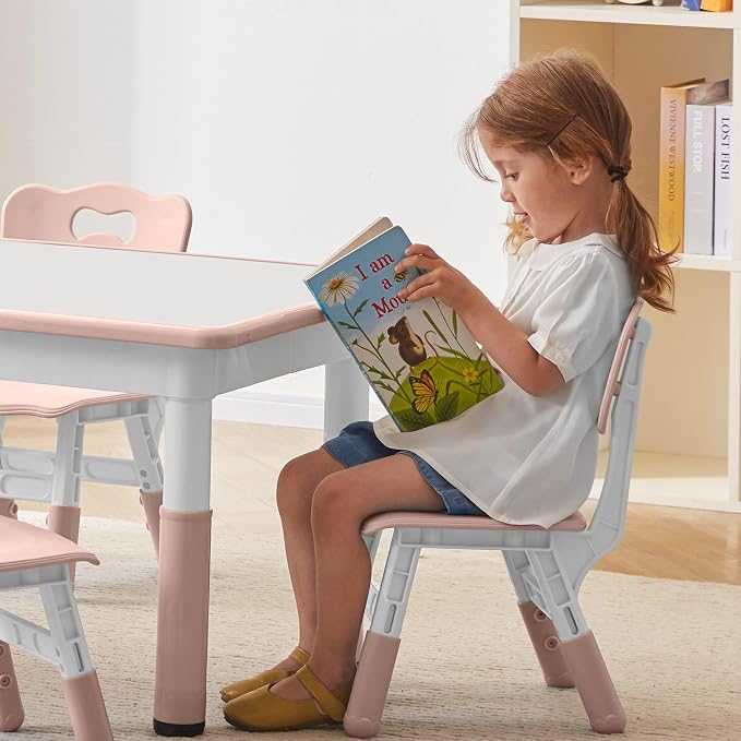 DOREROOM Adjustable Kids Table & 4 Chairs Set, 31.5" L x 23.6" W, Pink | Graffiti Desktop,Table Supports 300 lbs,Toddler Ages 2-8，FSC-certified, Children Activity Table for Daycare, Classroom, Home