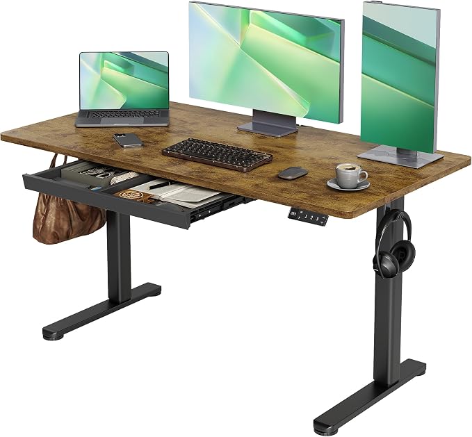 Claiks Electric Standing Desk with Drawers, 55x24 Inch Rustic Brown | Sturdy steel frame, supports up to 176 Lbs, waterproof desktop with wire holes, Quiet