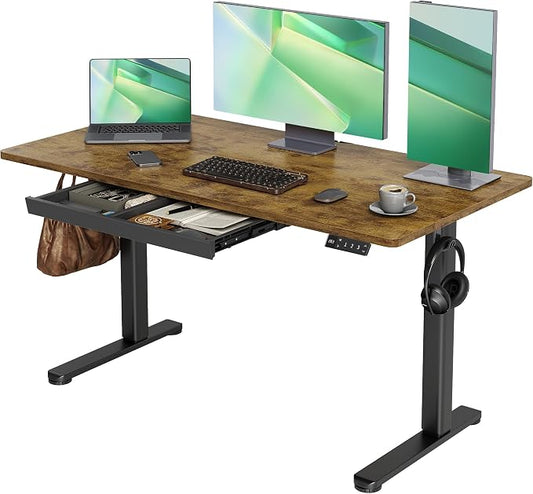 Claiks Electric Standing Desk with Drawers, 55x24 Inch Rustic Brown | Sturdy steel frame, supports up to 176 Lbs, waterproof desktop with wire holes, Quiet