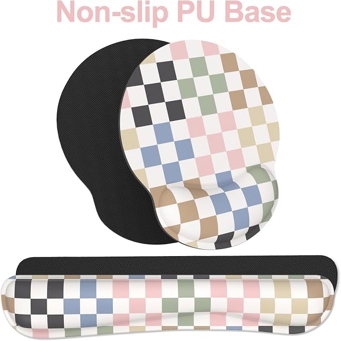 Ergonomic Mouse Pad with Wrist Rest and Keyboard Wrist Rest, Mousepad and Wrist Rest for Computer Keyboard, Non-Slip Rubber Base, Mouse Pad Wrist Support for Gaming, Colorful Checkered