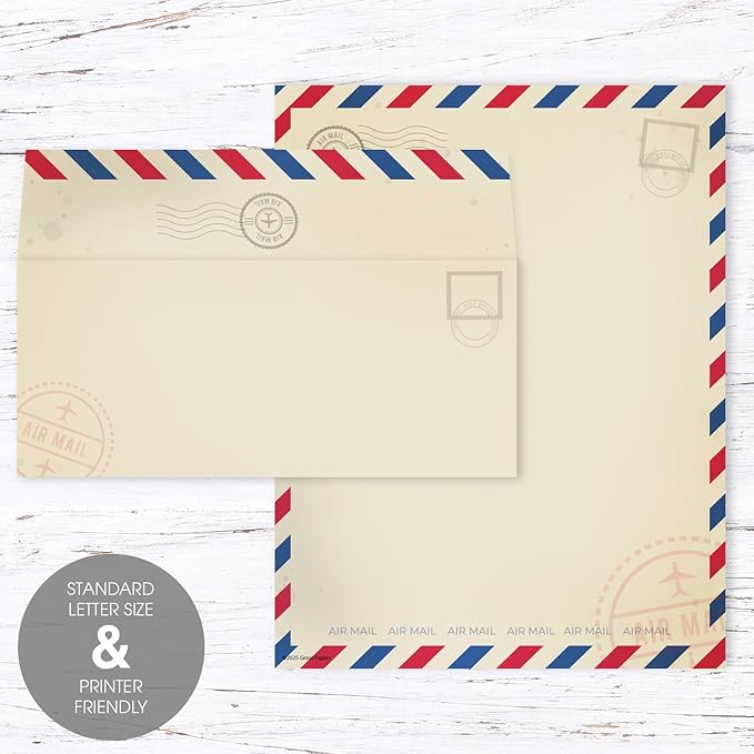 Vintage Air Mail Letterhead With Envelopes / 40 Rustic Travel Themed Airmail Sheets With Matching Envelopes / 8.5" x 11" Vintage Red Blue Throwback Paper Stationery Design