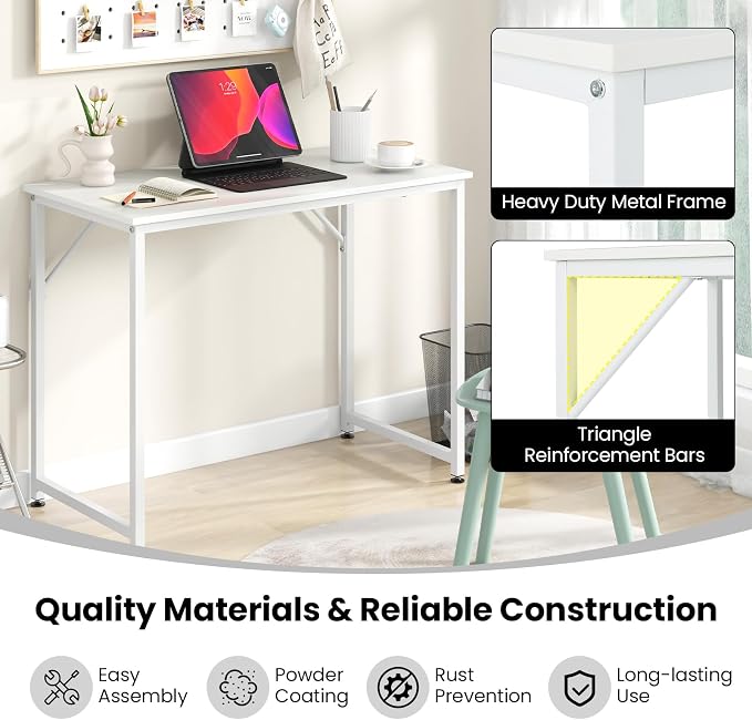 Tangkula Computer Laptop Desk, Heavy Duty Metal Frame Writing Desk, Home PC Office Desk with Adjustable Foot Pads, Conference Tables for Combined Use, Compact Task Desk for Bedroom, Study (White)