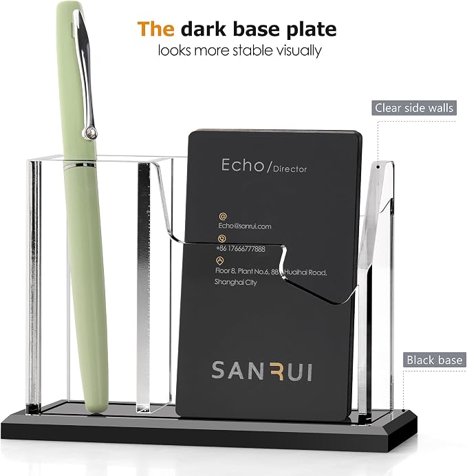 SANRUI Acrylic Business Card Holder with Pen Holder, 2-Slot Vertical | 8mm thick stable base, desktop card organizer for office reception & trade shows, holds cards & stationery, space-saving