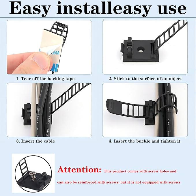 Adjustable Adhesive Cable Management Clips for Desk,Black,100 Pcs | Large self Adhesive Cable Ties Clips,Suitable for desks or wall adhesive wire organizer extension cord management clips
