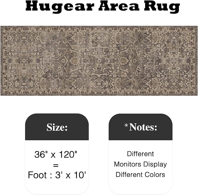 HUGEAR 3x10 Runner Rug Hallway Retro Brown Machine Washable Vintage Floral Low Pile Carpet Vacuumable Distressed Long Throw Rug Bedroom Office Bathroom Kitchen Laundry Non Slip Soft Lightweight