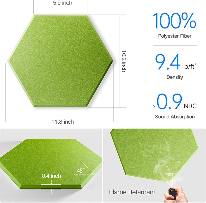 12 Pack Self-adhesive Acoustic Panels 12" X 10" X 0.4" - Sound Proof Foam Panels with High Density, Stylish Hexagonal Design, Flame Resistant, Absorb Noise and Eliminate Echoes(Olive Drab)