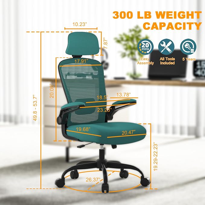 Mimoglad Office Chair, High Back Ergonomic Desk Chair with Adjustable Lumbar Support and Headrest, with flip-up Armrests for Guitar Playing, 5 Years Warranty (Modern, Dark Green(Black Frame))