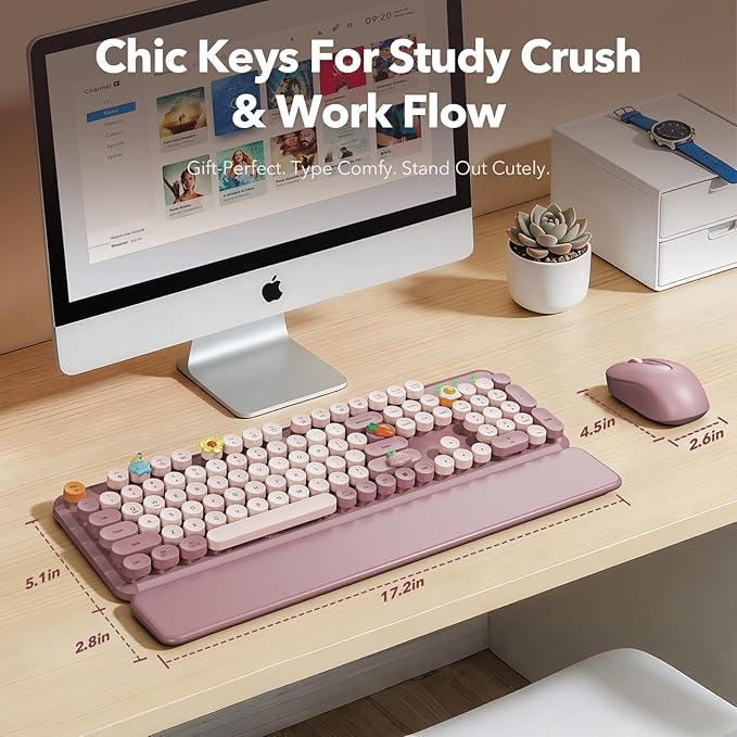 Wireless Keyboard and Mouse Combo, Round Keycaps, Full-Size Typewriter-Style Keyboard with Detachable Wrist Rest, Tilt Legs & 3-Level DPI Mouse, 2.4GHz Cordless for Windows PC/Laptop (Dusty Rose)