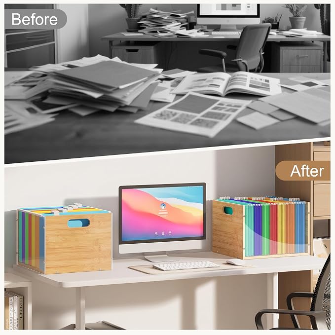 Sbanmao 3 Pack Hanging File Organizer, Acrylic File Box Organizer, Bamboo File Crate File Cabinet Storage Box, File Folder Organizer for Home Office Desk, Letter Size