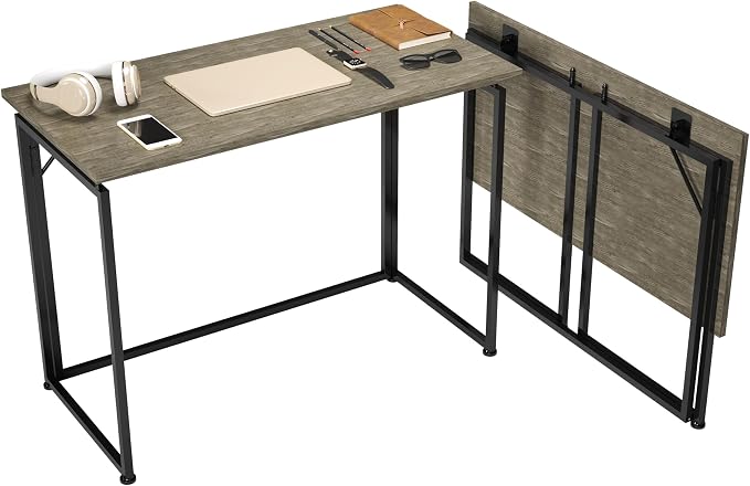 40" W Folding Desk for Small Spaces, Folding Table or Portable Computer Desk, Space-Saving Workstation for Home Office, Bedroom, Dorm and Study, No Assembly Required, Grey