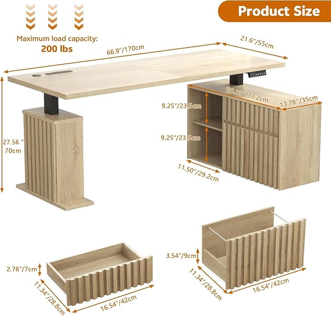 67" L Shaped Standing Desk with Drawers, Electric Height Adjustable Corner Desk, Sit Stand Office Desk with 4 AC Outlets & Type C Port, Executive Computer Desk with Cabinet, Natural