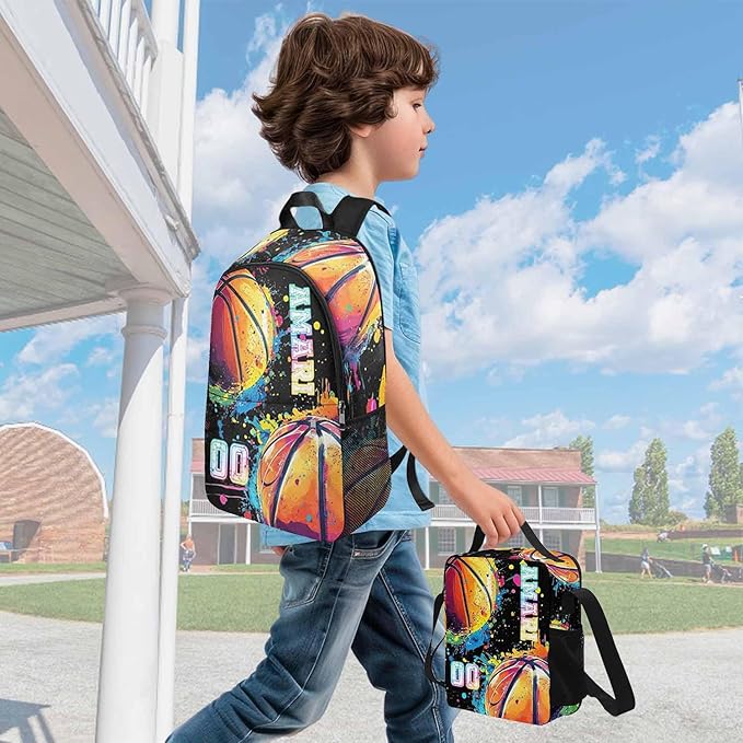 Personalized Colorful Basketball Backpack with Name Back to School Supplies Bookbag for Kids Boys Custom Balls Player Schoolbag and Water Bottle Cup&Pencil Pouch School Backpacks with Lunch Box Set