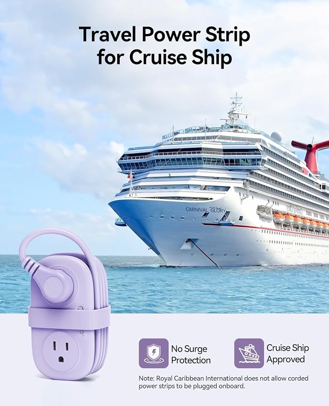 ORICO 4FT Purple Cruise Approved Travel Power Strip with 4 AC Outlets, 2 USB-A Ports, and 1 USB-C Port, 45° Flat Plug Extension Cord with Non Surge Protector for Travel/Dorm/Office ETL Listed -AP3