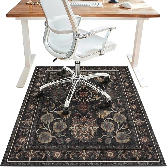 36"x60" Office Chair Mat for Hardwood Tile Floor, Under Desk Carpet Protector for Rolling Computer Chair Mat, Machine Washable Area Rug, Anti-Slip 1/5" Thick Low Pile Thin Vinyl Floor Mat, Charcoal