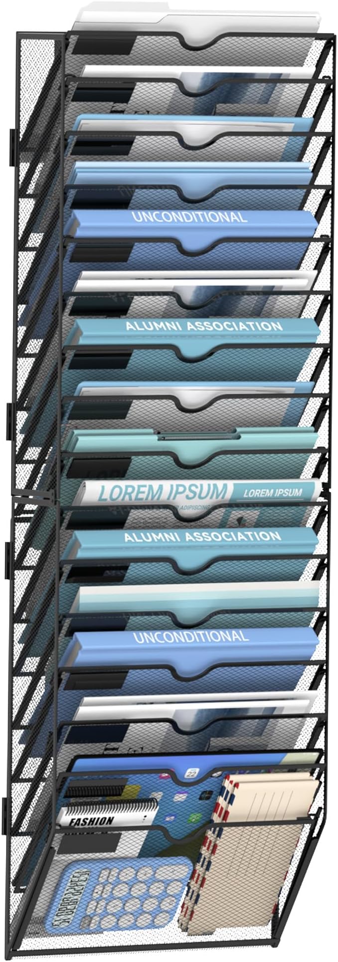 16 Tier Wall Hanging File Organizer, Paper Folder Holder Wall Mounted, Metal Mail Sorter for Office Home School, Black
