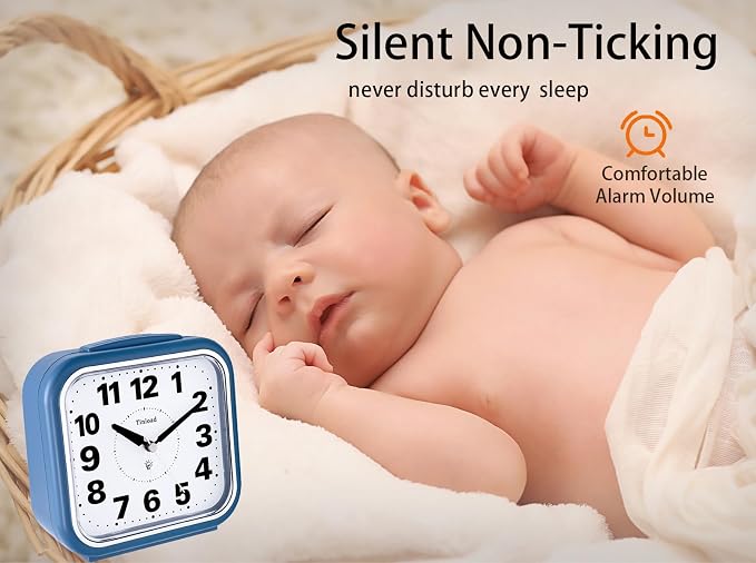 Tinload 5.5" Large No Ticking Analog Alarm Clock,Silent Readable for Seniors,Easy to Set,Gradual Rise Alarm,Big Numbers,Gentle Wake,Snooze, Lighted on Demand,Battery Operated,Blue