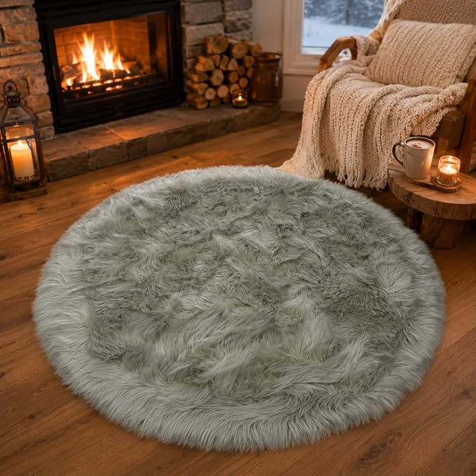 EasyJoy Faux Sheepskin Rug, Fluffy Faux Fur Rug, Ultra Soft Shag Area Rug with Non-Slip Backing for Bedroom, Living Room, Nursery, Kids Room(4 x 4 ft Round, Light Grey)