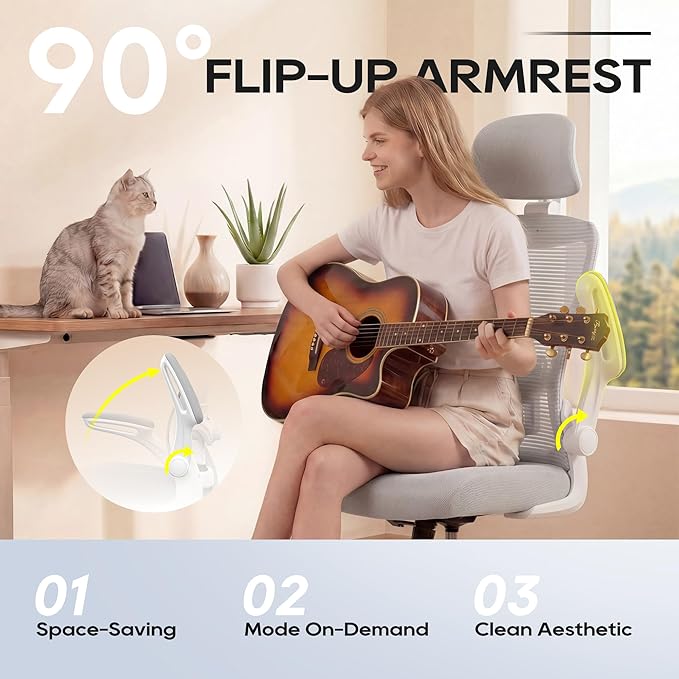 Ergonomic Office Chair, High Back Mesh Desk Chair with Adjustable Lumbar Support & Headrest, Flip-up Armrest, Computer Task Chairs for Home and Executive Office (W-Grey)