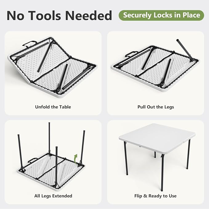 Folding Table 2 Pack, 36 Inch Square Foldable Card Tables, No Assembly Portable Folding Tables, Heavy Duty Fold-in-Half Tables with Carry Handles for Camping, Picnic, Parties, RV Travel & Indoor Use