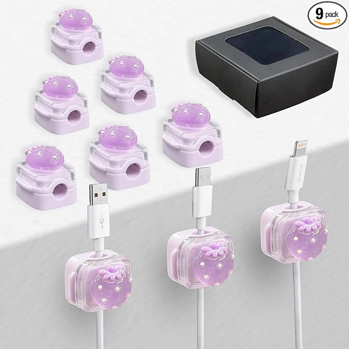 9Pack Magnetic Cable Clips for Nightstand, Adhesive Night-Glowing Cord Holder Organizer for Office Home Desk Wall Car (Purple,Strawberry)