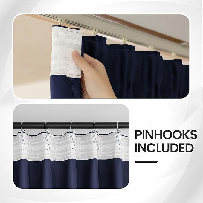 Room Darkening Curtains 72 Inches Long - 2 Pages Privacy Curtains for Living Room Bedroom Windows - Navy Blackout Curtain Rod Pocket with Hook for Track System