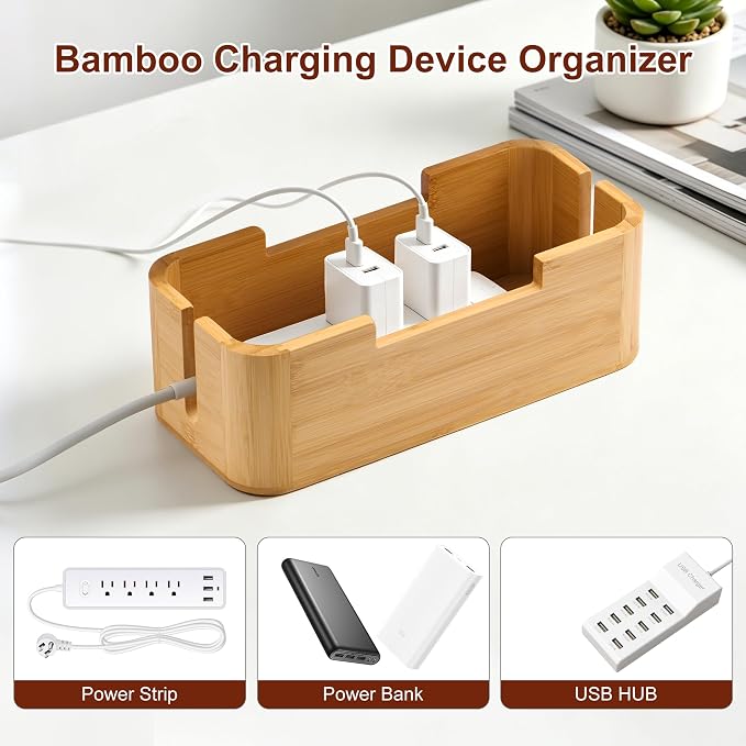 Bamboo Charging Docking Station, Multiple Device Desktop Organizer with Cable Management, Compatible with Phone, Tablet, Watch, Earbuds, Home Office Nightstand