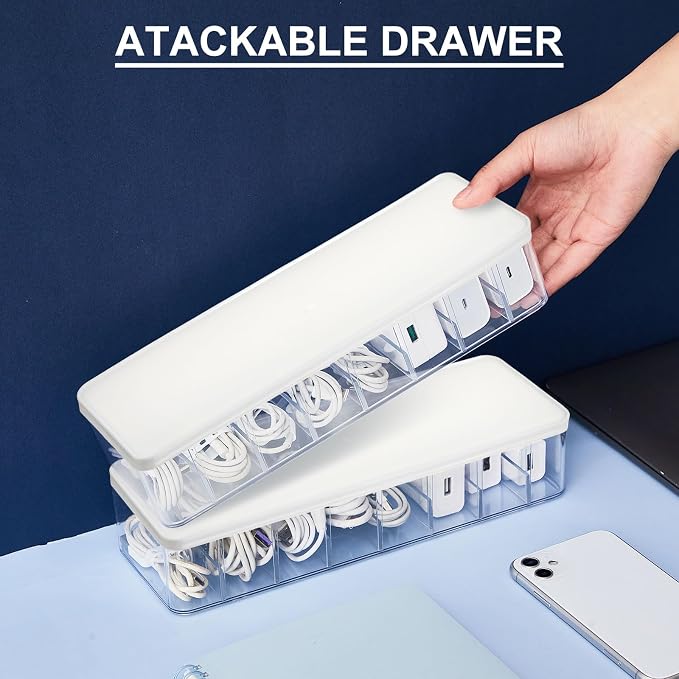 Tatuo 1 Pcs Cord Organizer for Drawer Desktop, Cable Organizer Box with 8 Compartments and Wire Ties, Plastic Charger Storage with Lid, Electronics Case for Home Office Accessories (Small,Clear,White)