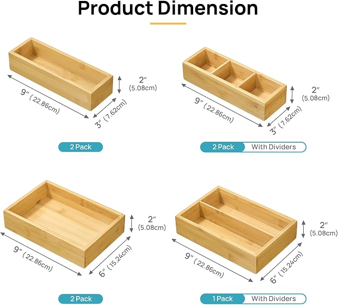 Vtopmart 7 Pack Bamboo Drawer Organizer Boxes, Junk Drawer Organizers | Natural Bamboo Storage Trays, Non-Slip Base, Kitchen Bathroom Office Vanity Drawers, Multi-Size Organizer Boxes, Makeup Tools