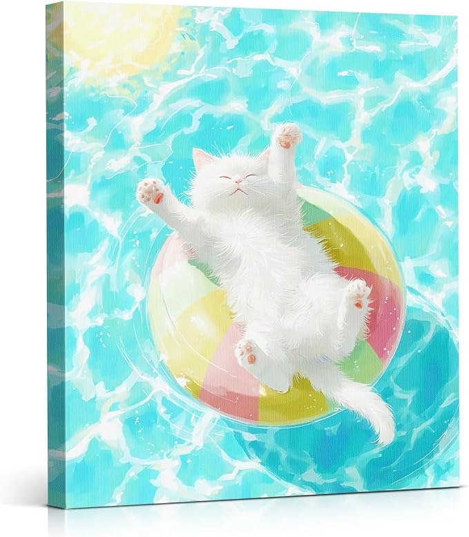 Summer Pool Beach Ball Canvas Wall Decor, Cute Cat Wall Art, Funny White Kitten Floating Water Painting, Aesthetic Animal Wall Art for Bedroom Bathroom Living Room 8x10 Framed