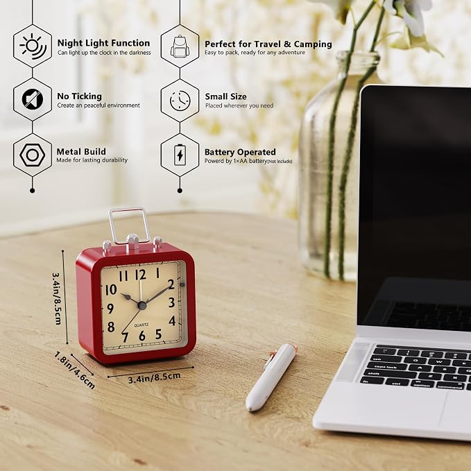 AYRELY® Small Metal Alarm Clock, Desk and Table Clock for Travel | Battery Operated Retro Silent Clock with Light for Bedroom, Bedside, Shelf and Living Room Decor (Matte Red)