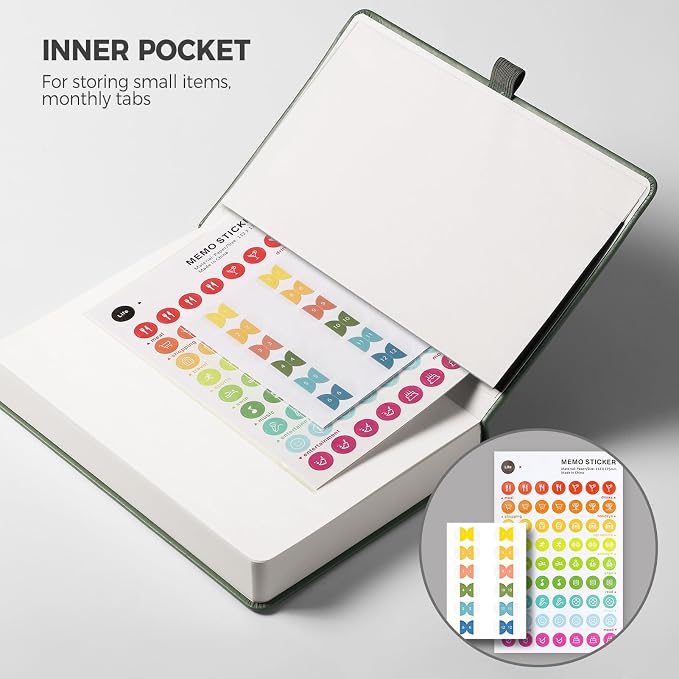 Undated Appointment Book, Hourly, Daily, 52 Weekly & 12 Monthly Planner, 6 AM - 8 PM, Medium Size (5.7" x 8.3"), Leather Hardcover, 12 Self-adhesive Monthly Tabs (Light Green)