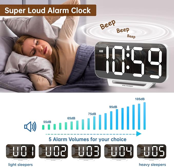 Peakeep Slim Digital Mirror Aesthetic Alarm Clock for Bedrooms Desk Decor | Plug in Electric Big LED Modern Small Clock for Office Living Room, Battery Backup, 6 Dimmers (White)