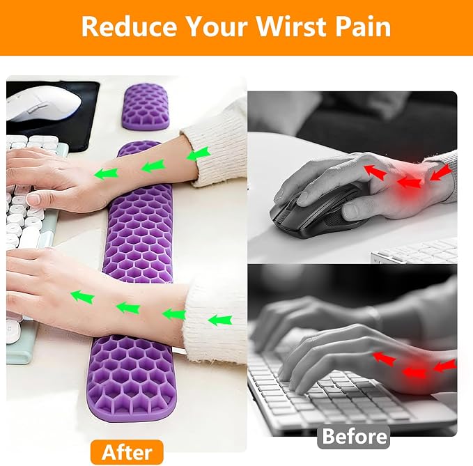 Ergonomic Keyboard and Mouse Wrist Rest Set, Silicone Honeycomb Design, 17.7 x 2.8 x 1 Inches, Non-Deformable Support for Office Gaming Typing (Purple)