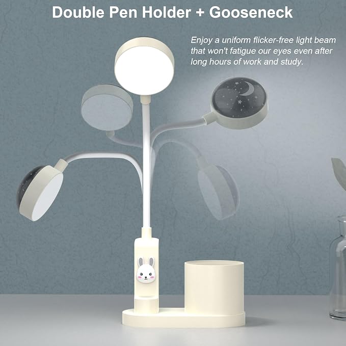 Cute Desk Lamp for Home Office, Touch Small Table Light for Kids | Eye-Care Dimmable Bedside Reading Light, Flexible Gooseneck, Star Projector Night Light with Pen Holder for College Dorm