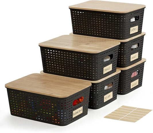 Bagnizer Small Plastic Storage Bins with Bamboo Lids 5.2qt Stackable Box Basket Pantry Decorative Containers Cute with Lable for Organizing Desktop Closet Office Black of 6 packs 10 * 7.2 * 4.1"