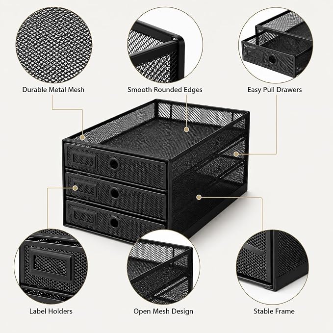 EXERZ Paper Sorter 3 Tier Drawers A4 / Multifunctional Desk Organiser/Letter Tray - Documents, Magazines, Notebooks and Letters | Pull Out Metal Mesh Drawers For A4 Documents Magazines Notebooks And Letters Space Saving Storage For Office Home Study