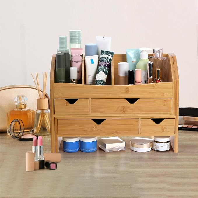 Lawei Bamboo Desk Organizer with Adjustable File Holder, Mini Desk Drawer Tabletop Organization Box with 4 Drawers for Makeup, Letter, Pens, Home Office Supplies, Vanity, 3 Layer, Fully Assembled