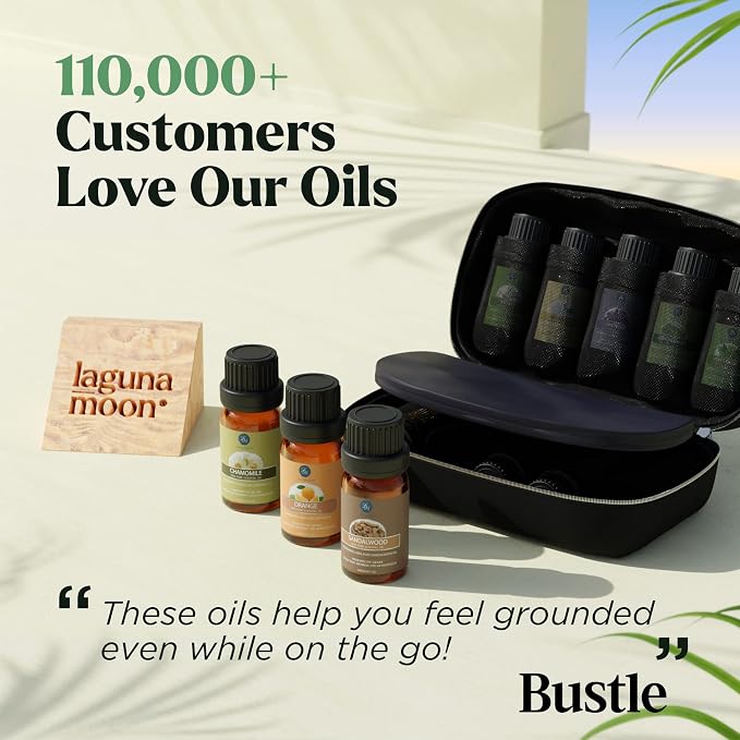 Lagunamoon Essential Oils Set, 10 Piece Aromatherapy Oil in Portable Bag - Diffusers, Humidifiers, Yoga, DIY Cleaning Products, Candle Making - Peppermint, Tea Tree, Lavender, Eucalyptus (10mL)