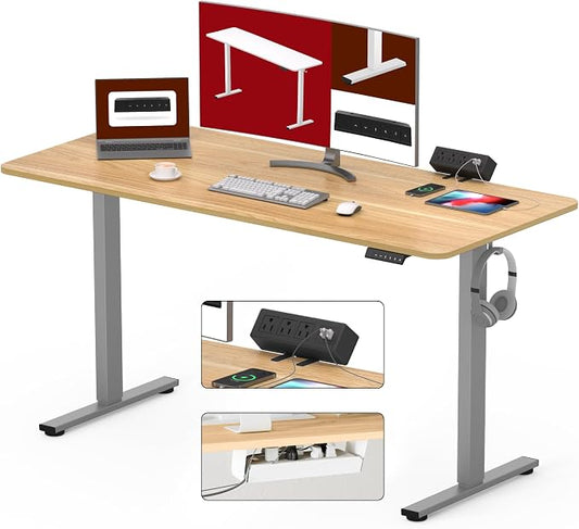SANODESK Electric Standing Desk with Desk Clamp Power Strip 55"x 28" Whole-Piece Desktop Height Adjustable Stand Up with Cable Management Sit Stand Home Office Desk Silver Frame/Maple Top